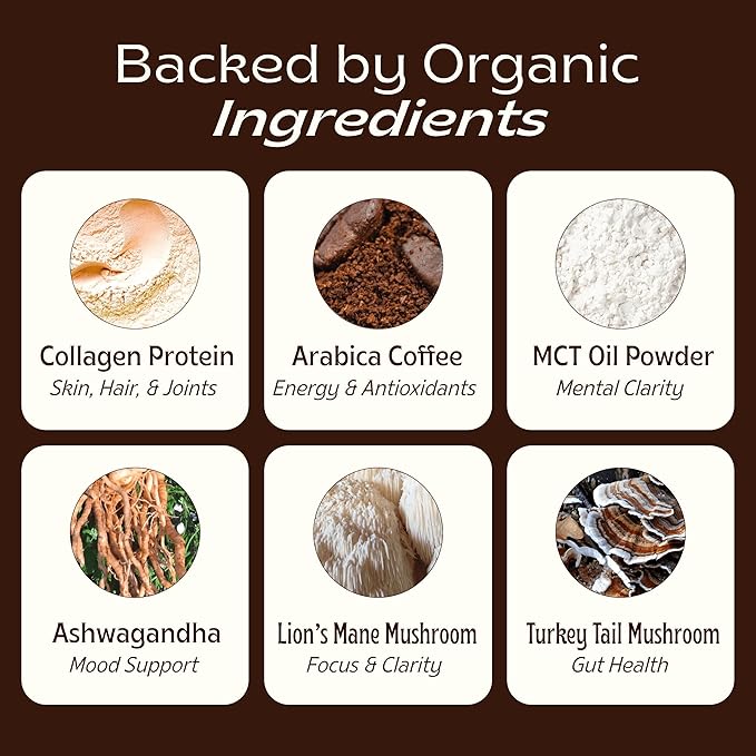 JIBBY Mushroom Coffee - Organic Instant Coffee Powder with Collagen, MCT Oil, Superfood Mushrooms - Detox Mushroom Coffee Powder for Energy, Focus, Digestion, and Gut Health - 30 Servings