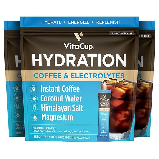 VitaCup Hydration Coffee Packets, The First Coffee That Hydrates You w/Electrolytes, Coconut Water, Pink Himalayan Salt, Magnesium, Medium Roast, Instant Coffee in Single Serve Sticks, 54 Ct