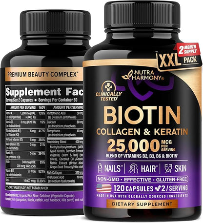 Biotin | Collagen | Keratin - 25000 mcg B2 | B3 | B6 | B7 - 120 Capsules
