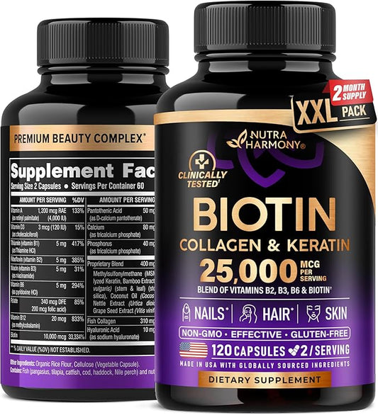 Biotin | Collagen | Keratin - 25000 mcg B2 | B3 | B6 | B7 - 120 Capsules