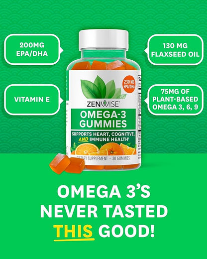 Zenwise Health Omega-3 Orange Tangerine Gummies 200mg Omega 3 DHA/EPAm 75mg Fish Oil Based Omega 3-6-9 for Heart, Brain,Joints, and Immune System Health - 30 Count