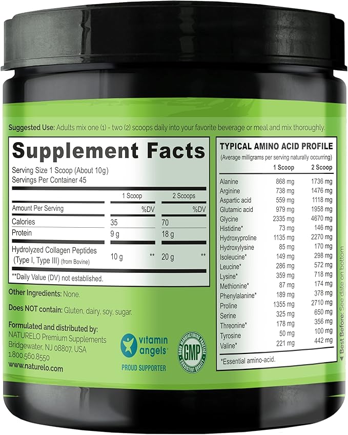 NATURELO Collagen Peptide Powder, Hydrolyzed Collagen 16 Ounces 45 Servings