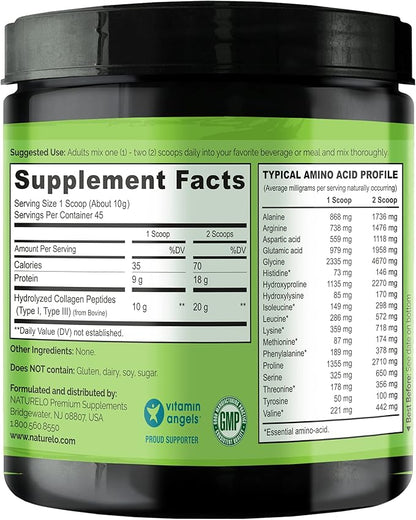 NATURELO Collagen Peptide Powder, Hydrolyzed Collagen 16 Ounces 45 Servings