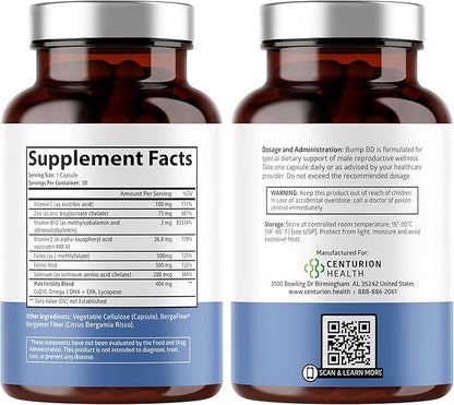 Bump BD, Natural Fertility Supplement for Men, Male Prenatal Vitamins with Selenium, CoQ10, L-Methylfolate, Folinic Acid, DHA + EPA to Support Hormonal Balance & Motility, 30 Caps