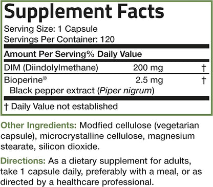 Bronson DIM Supplement 200 MG Diindolymethane with BioPerine for Enhanced Absorption, Estrogen Metabolism & Maintains Balanced Hormone Levels, 120 Vegetarian Capsules