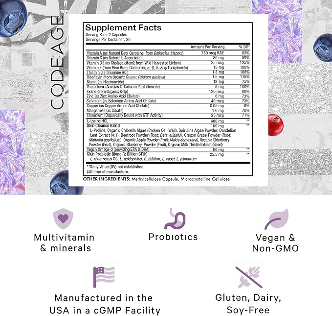 Codeage Teen Clearface Adolescent Face, Skin & Pimples, Vitamins A, C, D3, E, Pantothenic Acid, Niacin, Zinc Supplement Teenagers, Probiotics, L-Lysine, Omega-3, Oily Skin, Pores, Spots - 2 Pack
