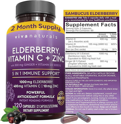 Viva Naturals Elderberry with Vitamin C and Zinc for Adults - 5 in 1 Sambucus Black Elderberry Capsules with Vitamin D3 5000 IU Immunity Supplement, Sambucus Elderberry Immune Support Supplement