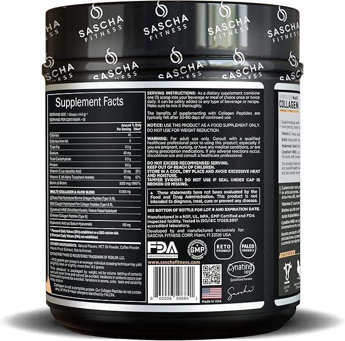 SASCHA FITNESS Hydrolyzed Multi Collagen Peptides 1,2 & 3 |Hyaluronic