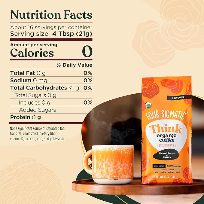 Four Sigmatic Focus Mushroom Coffee | Organic Ground Coffee with Lion's Mane Mushroom and Chaga for Better Focus and Immune Support | 12oz Bag
