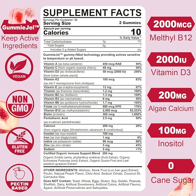 Sugar-Free Methylated Multivitamin for Women Gummies D3, E, B12, Iron,