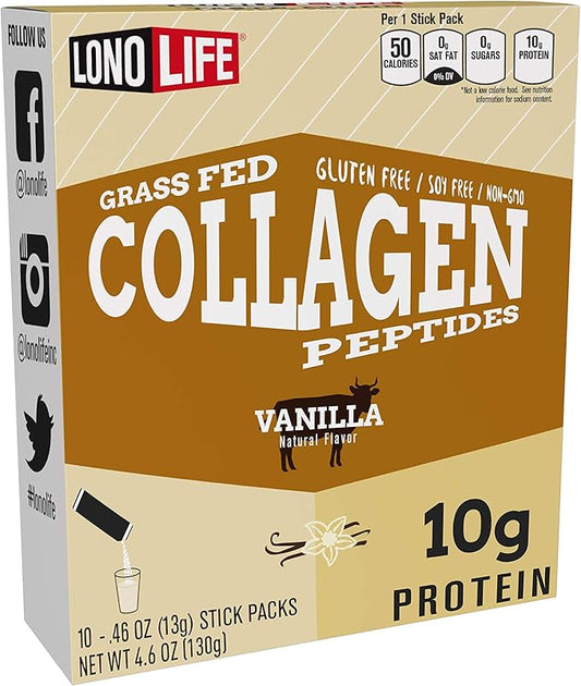 LonoLife - Vanilla Flavored Collagen Peptides 10g Protein, 10 Servings, 10 Count