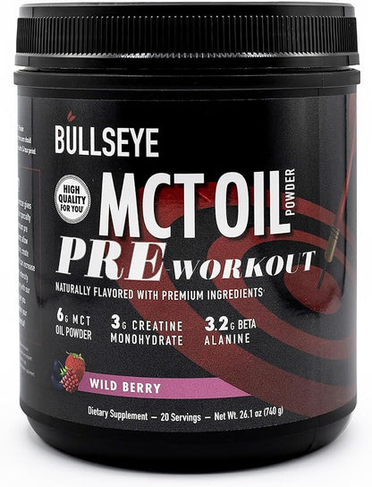 Bullseye MCT Oil Pre Workout Supplement - Creatine Monohydrate, Medium Chain Triglycerides, Beta Alanine, Caffeine, L-Citrulline, Muscle Gainer, Focus, Endurance, Energy -20 Servings - Wild Berry