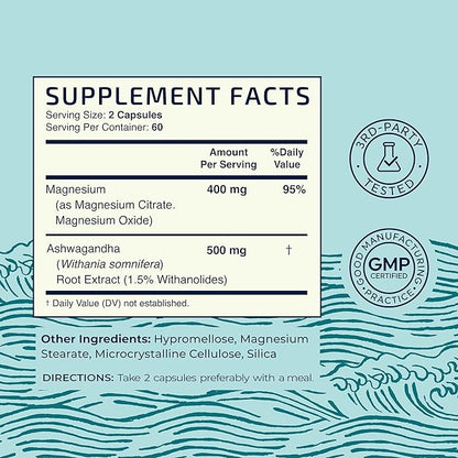 Magnesium Ashwagandha | Calming Magnesium Supplement for Adults | Relax, Rest, Calm Mood & Sleep Support | Mag Citrate & Oxide 400 mg + Ashwagandha 500 mg | Muscle Health & Stress Relief | 120 Ct