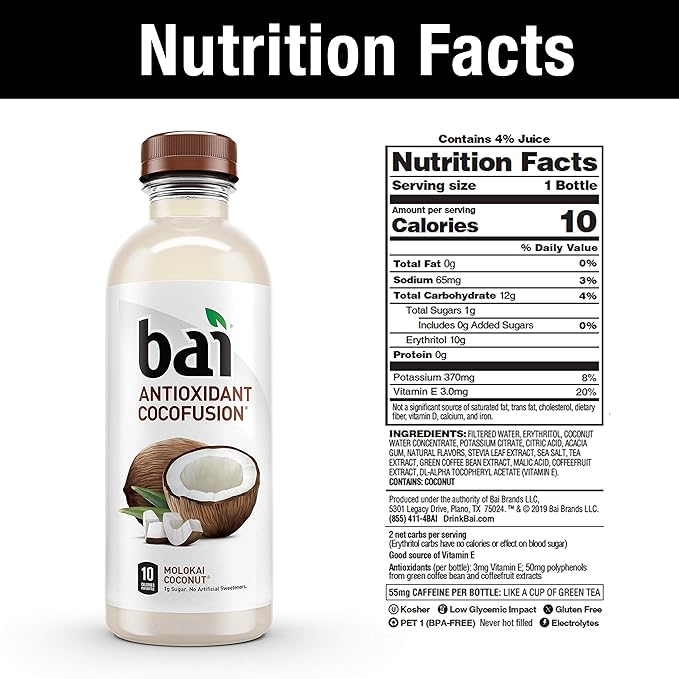Bai Coconut Flavored Water, Molokai Coconut, Antioxidant Infused Drinks, 18 Fl. Oz. (Pack of 6)