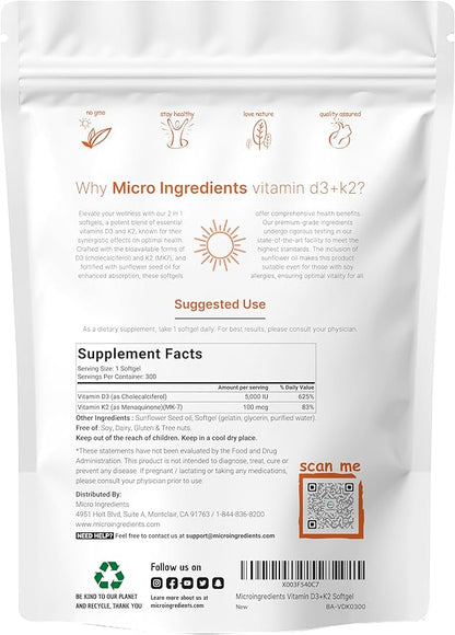 Micro Ingredients Vitamin D3 5000 IU K2 100 100 mcg, 300 Soft-Gels K2 MK-7 MK-7 with D3 Vitamin 2 in 1 Support
