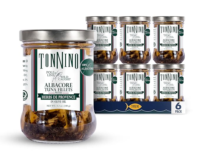 Tonnino Albacore Tuna in oilve oil with Herbs de Provence 6-Pack Omega-3 Rich, High Protein, Gluten-Free, Ready-to-Eat Tuna Packets for Tuna Salad, Tuna Fish Alternative to Salmon, Pole & Line Caught