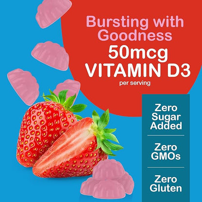 YUM-V'S Vitamin D Zero Gummies by YumVs | Keto Friendly, Sugar Free D3 Supplement | Kids & Adults| 50 mcg – 2000 IU Vitamin D3 | Natural Strawberry Flavor Chewables | 60 Count