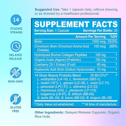 BioEmblem Beauty Probiotics for Women, 35 Billion CFU 14 Strains with Biotin, Collagen, Prebiotics for Digestive Health, Hair Skin and Nails, Vaginal Probiotics Supplement, Shelf Stable, 150 Caps