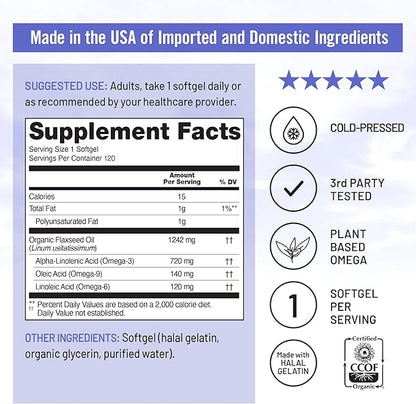 NatureWise Flaxseed Oil 1200 mg, Fish Free Omega 3 6 9 with 720mg ALA, Dietary Supplement for Heart Health Support - Organic, Cold Pressed, Non-GMO - 120 Softgels[4-Month Supply]