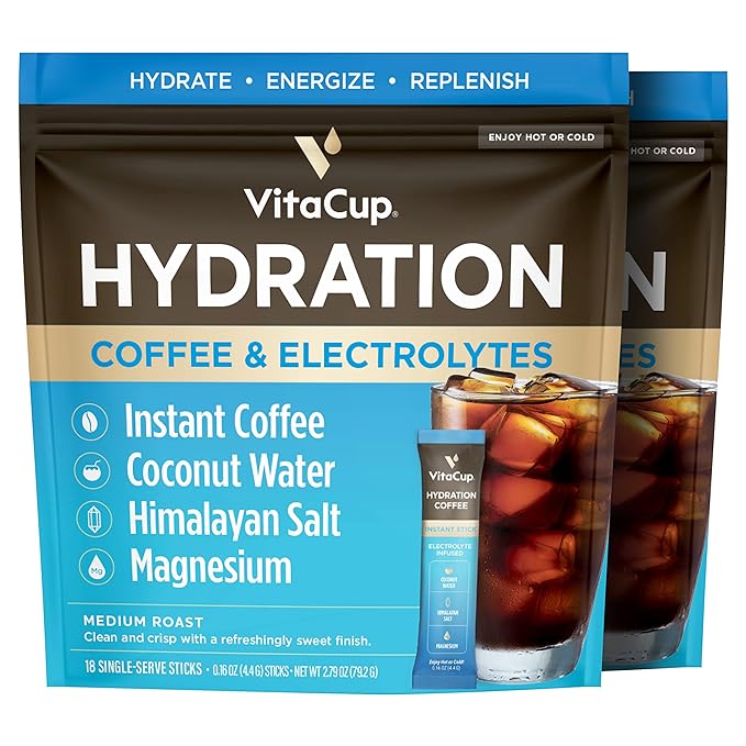 VitaCup Hydration Coffee Packets, The First Coffee That Hydrates You w/Electrolytes, Coconut Water, Pink Himalayan Salt, Magnesium, Medium Roast, Instant Coffee in Single Serve Sticks, 36 Ct