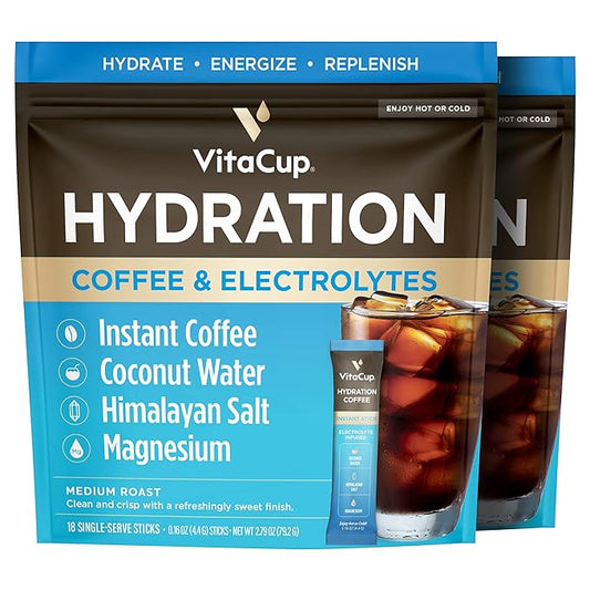 VitaCup Hydration Coffee Packets, The First Coffee That Hydrates You w/Electrolytes, Coconut Water, Pink Himalayan Salt, Magnesium, Medium Roast, Instant Coffee in Single Serve Sticks, 36 Ct