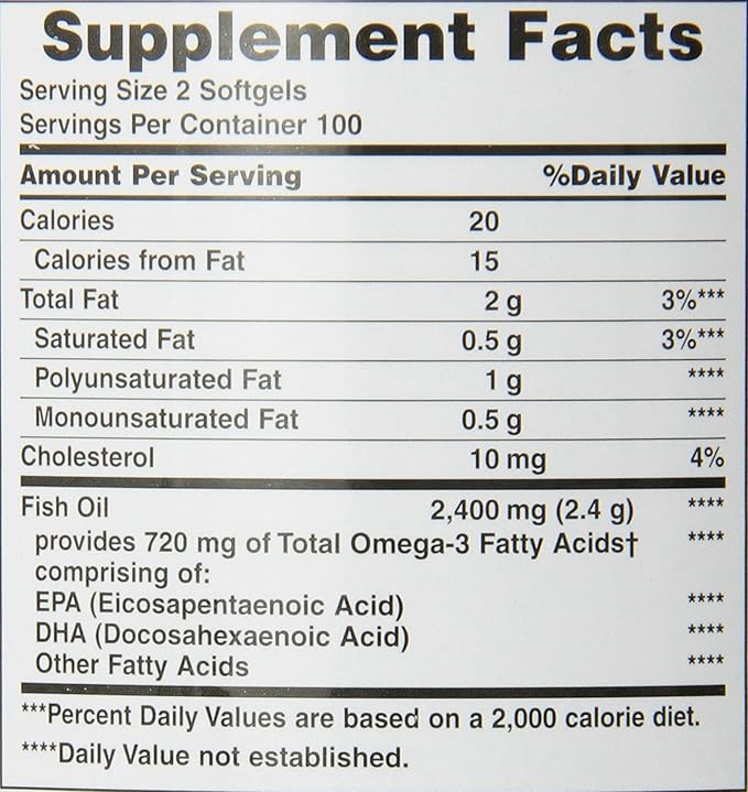 Nature's Bounty Fish Oil, Dietary Supplement with 360mg Omega-3, Supports Heart Health, 1200mg, 200 Softgels (Pack of 2)