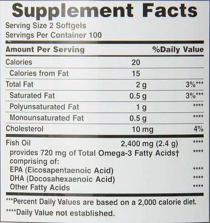 Nature's Bounty Fish Oil, Dietary Supplement with 360mg Omega-3, Supports Heart Health, 1200mg, 200 Softgels (Pack of 2)