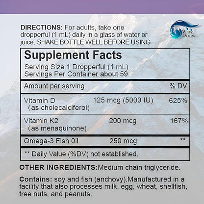 Maximum Strength Vitamin D3 & K2 + MCT Oil & Omega 3: Liquid Drops for Immune System, Brain Function & Energy (No Fillers, Non-GMO, 2 Fl Oz)