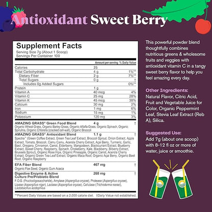 Amazing Grass Greens Superfood Antioxidant: Greens Powder with Organic Spirulina, Beet Root Powder, Elderberry & Probiotics, Sweet Berry, 100 Servings (Packaging May Vary)