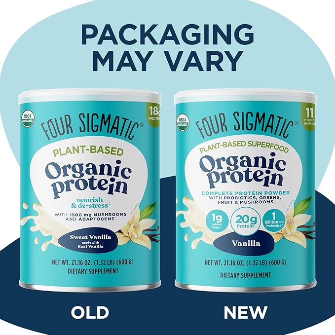 Four Sigmatic Organic Vegan Protein Powder | 18g Plant-Based Protein per Serving | Gluten Free, Dairy Free, Soy Free, Non-GMO with No Filler Ingredients | 21.16oz, 15 Servings | Sweet Vanilla