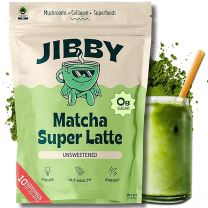 JIBBY Mushroom Matcha Super Latte - Ceremonial Grade Green Tea Organic Matcha Powder, Collagen, MCT Oil, Superfood Mushrooms, Matcha Latte Collagen Powder, Matcha Powder (Unsweetened, 10 Servings)