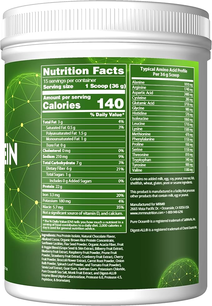 MRM Nutrition Veggie Protein with Superfoods | Chocolate Flavored | 22g Complete Protein | Over 8.8g Essential Amino acids | 13 superfoods | with Omega 3s and Omega6s | Keto Friendly | 30 Servings