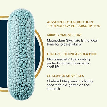 Magnesium Glycinate Supplement | Advanced Microbeadlets | Chelated for Maximum Absorption | 400mg Magnesium Bisglycinate Powder Per Serving | TRAACS Chelate System | for Women & Men | 60 Capsules