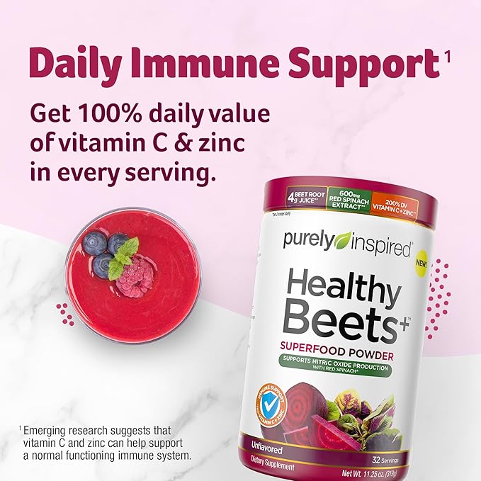 Purely Inspired Healthy Beets Superfood Powder, Unflavored - Super Beet Root Powder with Red Spinach Extract, Vitamin C & Zinc for Immune Support - Supports Nitric Oxide Production for Men & Women