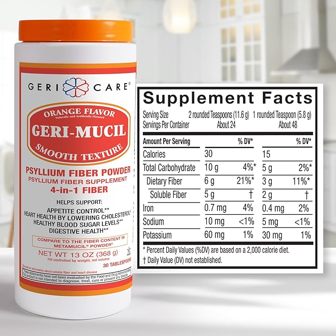 Geri-Mucil Psyllium Powder By GeriCare|4-In-1 Orange-Flavor Movement|13oz
