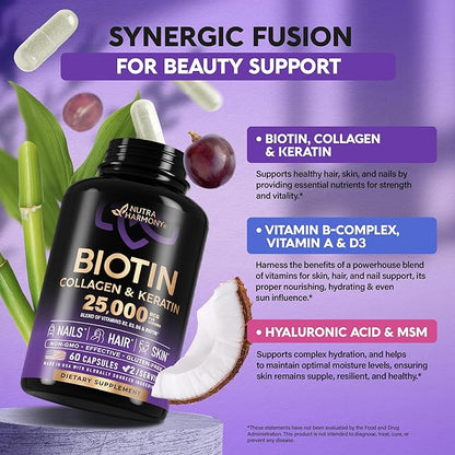 Biotin | Collagen | Keratin - 25,000 mcg B2, B3, B3, B6 B6 & B7 - 60 Capsules, 2 Capsules