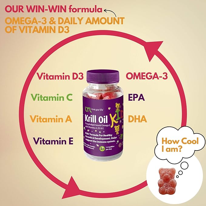 LYL Krill Oil Kid Gummy Bears with Vitamin D 3, Vitamin E and Vitamin A - phospholipid-Bound Omega 3 for Healthy Growth & Development - Gummy Bears with Orange, Apple & Raspberries Taste (Pack of 30)