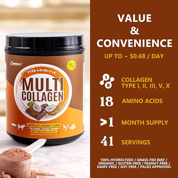 Zammex Multi Collagen Peptides Powder, Type 41 Servings, 1LB