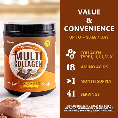Zammex Multi Collagen Peptides Powder, Type 41 Servings, 1LB