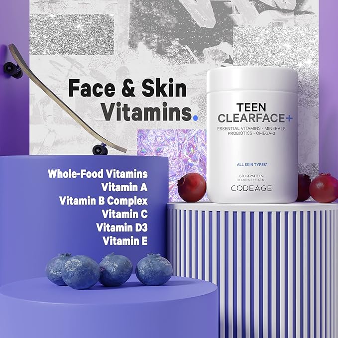 Codeage Teen Clearface Adolescent Face, Skin & Pimples, Vitamins A, C, D3, E, Pantothenic Acid, Niacin, Zinc Supplement Teenagers, Probiotics, L-Lysine, Omega-3, Oily Skin, Pores, Spots - 2 Pack