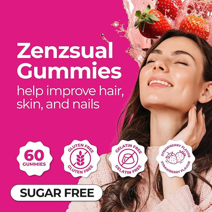 ZENZSUAL Hair, Skin and Nails Gummies – Multivitamin with Biotin, Vitamin C, B12 and Zinc – Vegan Supplement and Sugar Free (60 Gummies)