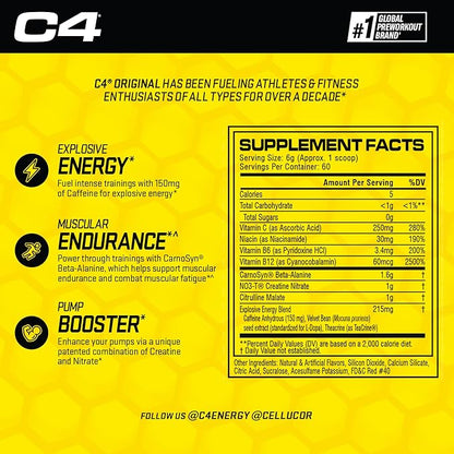 C4 Original Pre Workout Powder Fruit Punch - Vitamin C for Immune Support - Sugar Free Preworkout Energy for Men & Women - 150mg Caffeine + Beta Alanine + Creatine - 60 Servings