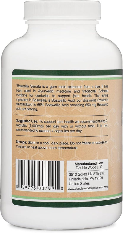 Boswellia Serrata - 240 Capsules (Max Strength 1,000mg of 65% Boswellic Acid Extract) Boswellia Extract Capsules (Joint Support Supplement for Joint Health) Third Party Tested by Double Wood