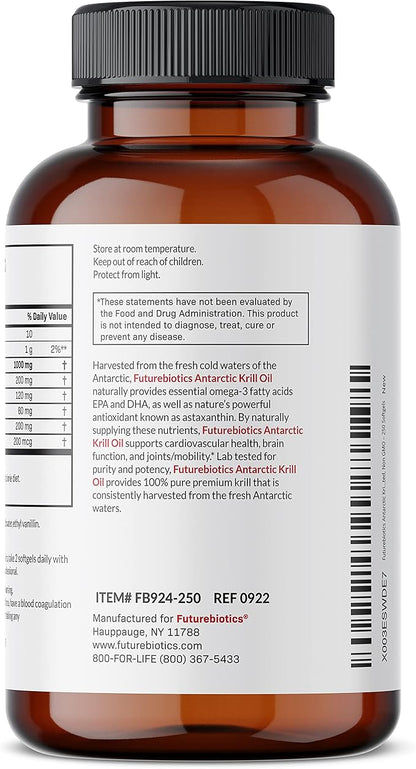 Futurebiotics Antarctic Krill Oil 1000mg Omega-3s EPA, 100% Pure 250 Softgels (125 Servings)