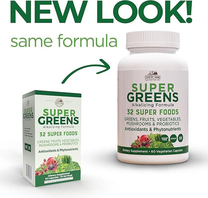 COUNTRY FARMS Super Greens Vegicaps, 32 Super Foods, Whole Food Supplement, Greens, Fruit, Vegetables, Mushrooms & Probiotics, Rich in Antioxidants & Phytonutrients, 60 Count, 30 Servings
