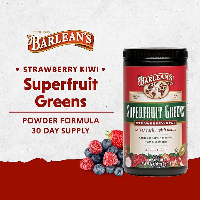 Barlean's Strawberry Kiwi Superfruit Greens Powder, Daily Fruits and Veggies Superfood Supplement, Green Antioxidant Blend and Fiber Super Power Smoothie Mix, 9.52 oz