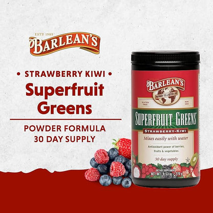 Barlean's Strawberry Kiwi Superfruit Greens Powder, Daily Fruits and Veggies Superfood Supplement, Green Antioxidant Blend and Fiber Super Power Smoothie Mix, 9.52 oz