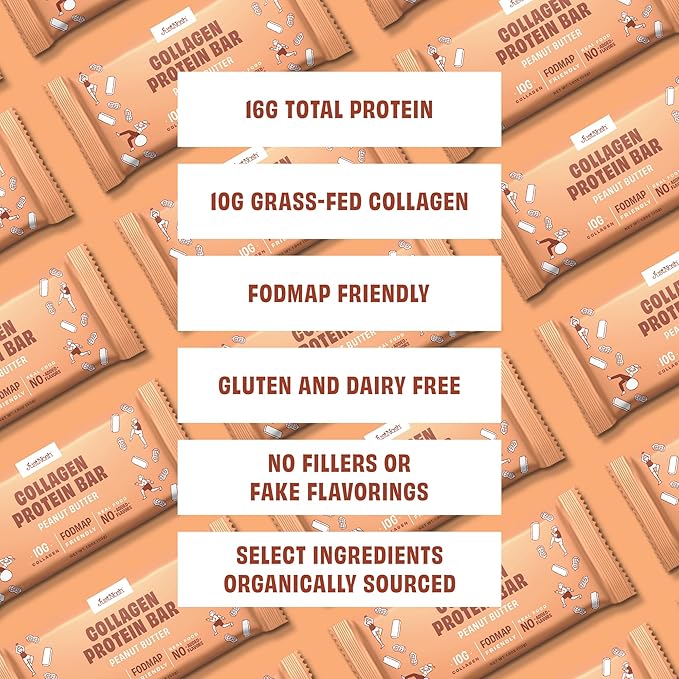 JustNosh Collagen Protein Bars, 10g Collagen, 16g Protein, Gluten Free, Dairy Free, FODMAP Friendly, Seed Oil Free Certified, Clean Ingredients | Peanut Butter (12 Pack)