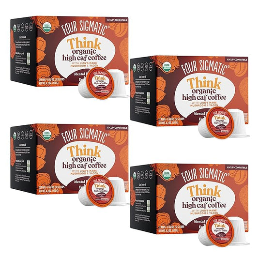 Four Sigmatic High Caffeine Mushroom Coffee K-Cups | Organic Dark Roast Coffee with Lion’s Mane & Yacon | Focus & Immune Support | Vegan & Keto | Sustainable Pods | 48 Count