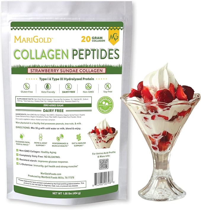 MariGold Grass-fed Collagen Peptides Powder Strawberry 1LB - 100% Pure,